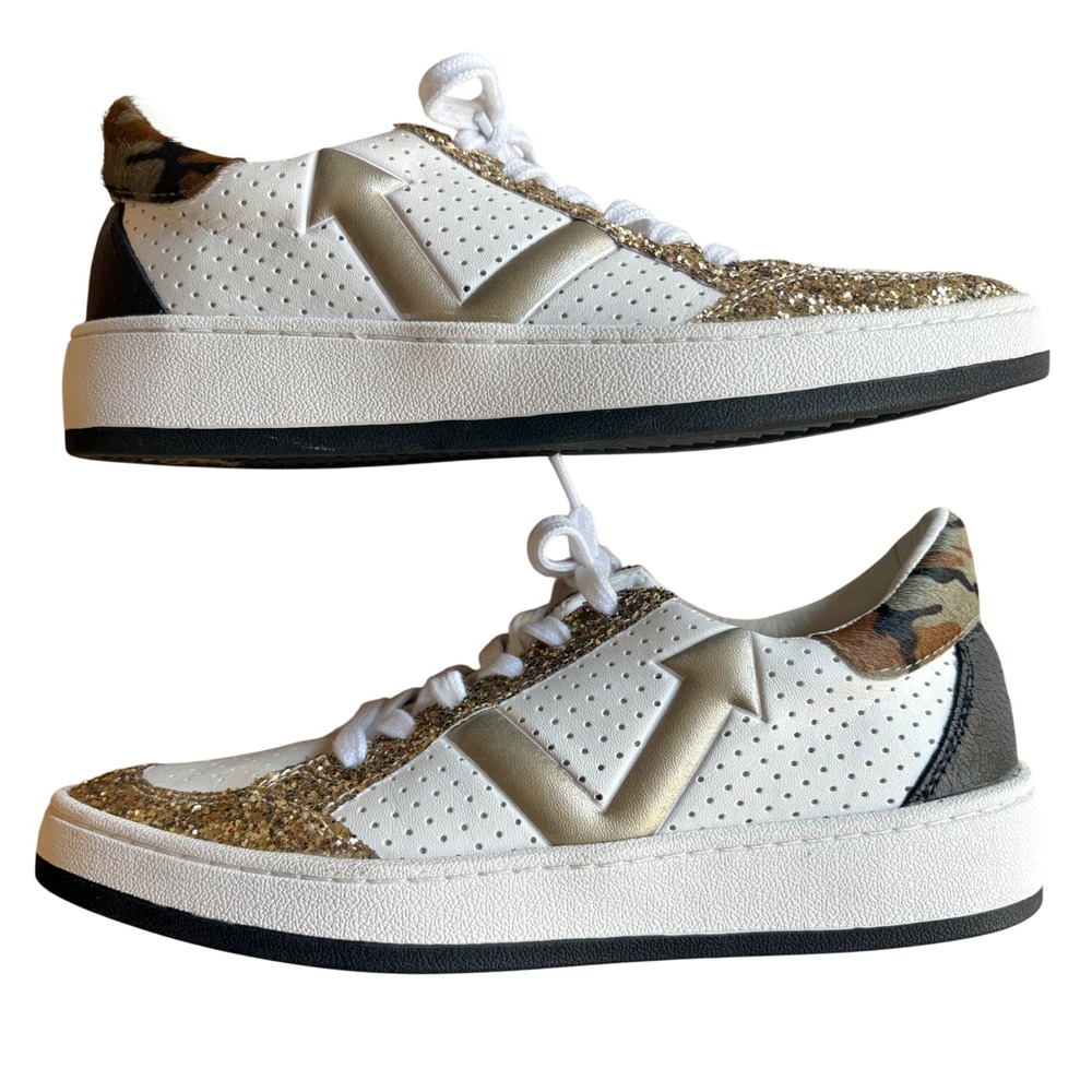$120 VINTAGE HAVANA Gold Glitter Calf Hair Sneakers Camo Tennis‎ Shoe SIZE 8 EUC